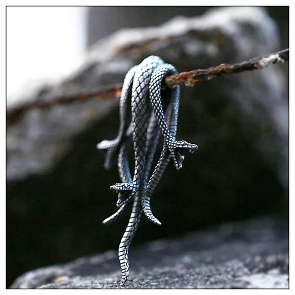 Triple Headed Serpent Snake Pendant Necklace Unisex - Picture 3 of 5